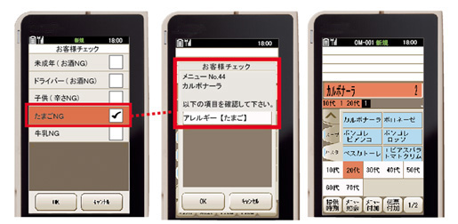 （左、中）アルコールやアレルギーにチェックをすれば、該当メニューを入力した際に、メッセージでお知らせします。 （右）メニューごとに客層入力ができるので、メニュー開発にも役立ちます。